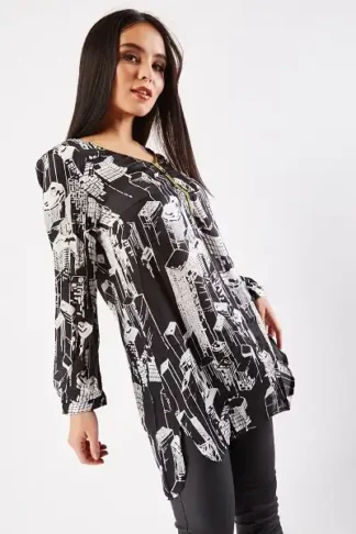 metallic zip printed chiffon top 191797 1