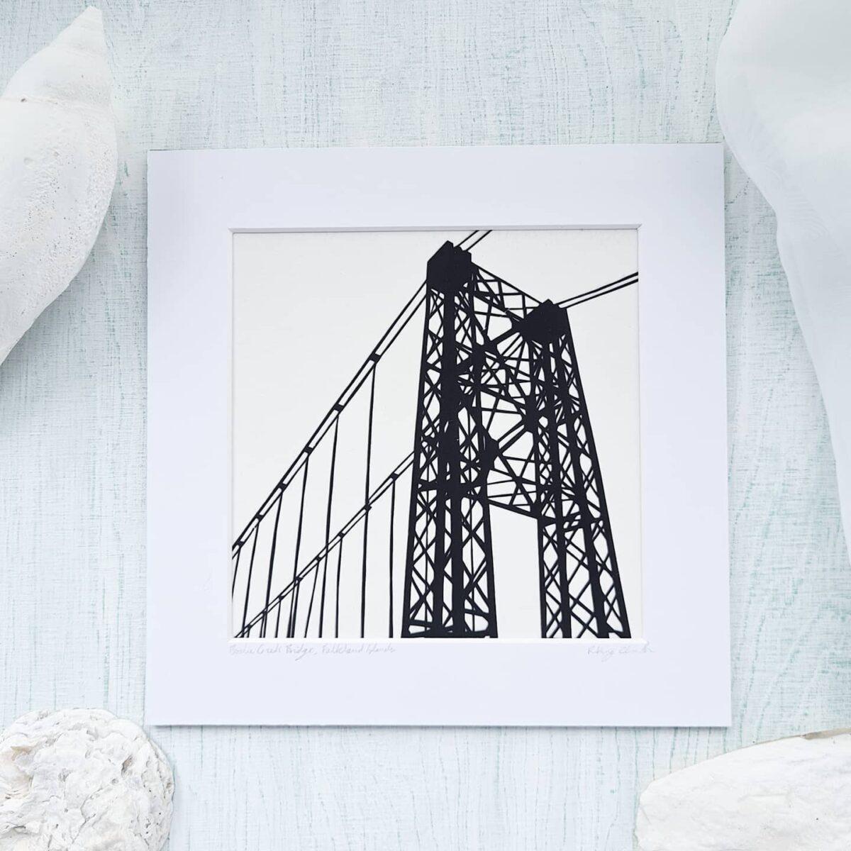 Bodie Creek Bridge papercut Falkland Islands Falklands papercutting suspension worlds most southerly paperart Bodie Creek Bridge papercut Falkland Islands Falklands papercutting suspension worlds most southerly paperart