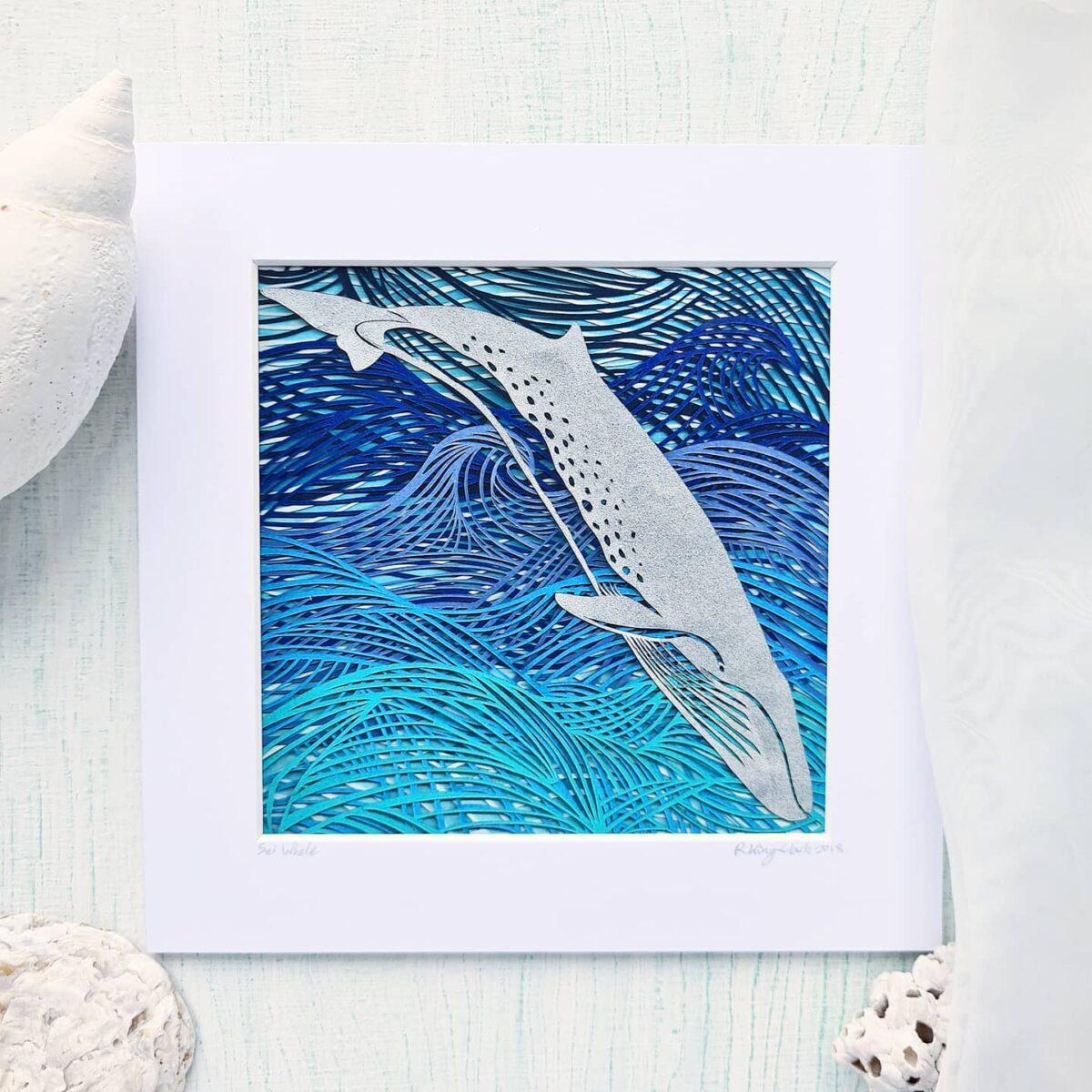 Sei whale Falkland Islands papercut painting print papercutting art artist acrylic paint multilayer waves Sei whale Falkland Islands papercut painting print papercutting art artist acrylic paint multilayer waves